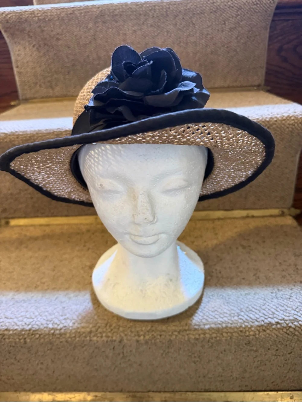 Straw Wide-Brim Hat with Black Flower Trim
